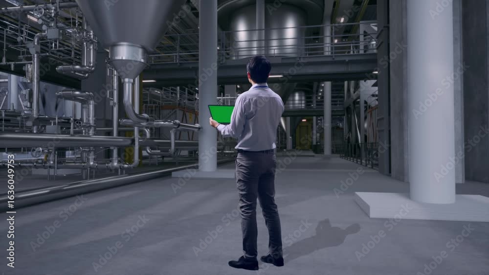 Full Body Back View Of An Asian Male Professional Worker Standing With Green Screen Tablet in Distillery Interior with Large Fermentation Tanks, Industrial Facility Full Body Back View Of An Asian Male Professional Worker Standing With Green Screen Tablet in Distillery Interior with Large Fermentation Tanks, Industrial Facility