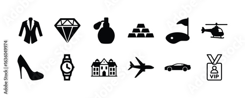 Luxury lifestyle icons set: wealth, travel, fashion, and exclusive items vector illustration design