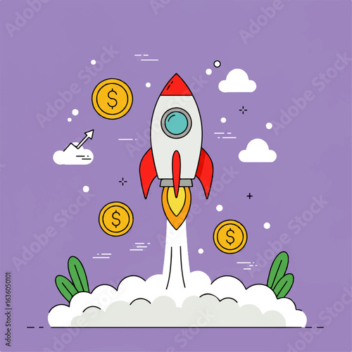 A stylized rocket launching amidst coins, symbolizing rapid financial growth and successful business takeoff.