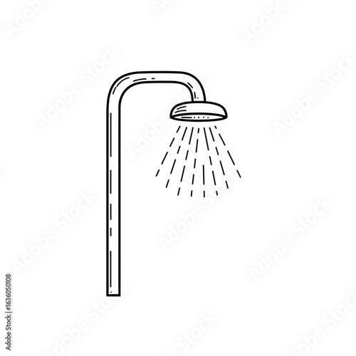 Outline of a showerhead with water droplets in minimalist style  