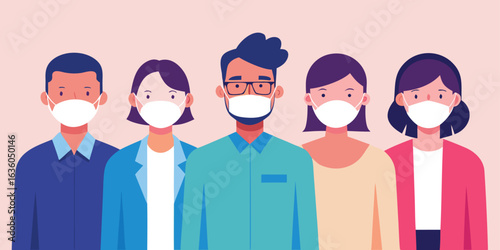 Diverse Group of People Wearing Protective Masks Standing Together, Illustrating Protection Against Illness and Promoting Public Health Safety