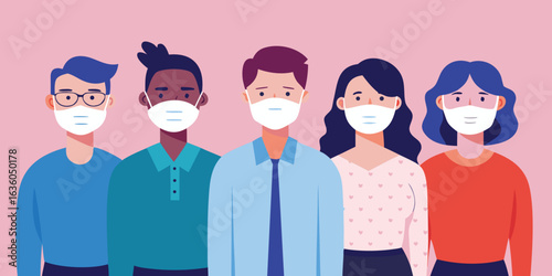 Diverse Group Wearing Face Masks Against Pink Backdrop Promoting Health and Safety Measures During Pandemic