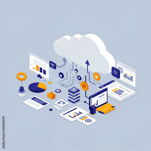 An isometric illustration depicting cloud computing, data analysis, and digital technology.