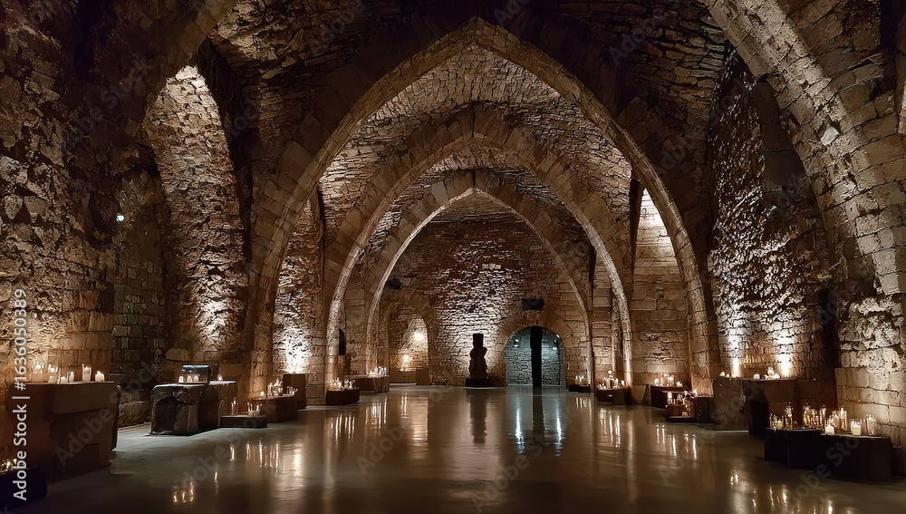 Fototapeta premium Dark Vaulted Stone Hallway In Ancient Museum