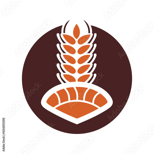 Bakery Logo with Vertical Wheat Stalk and Bread Shape in a Circle grain food