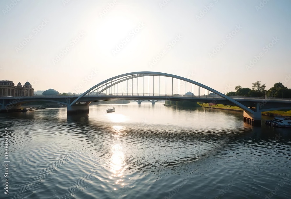 Naklejka premium Elegant arched bridge spans calm river, reflecting sun, river, bridge
