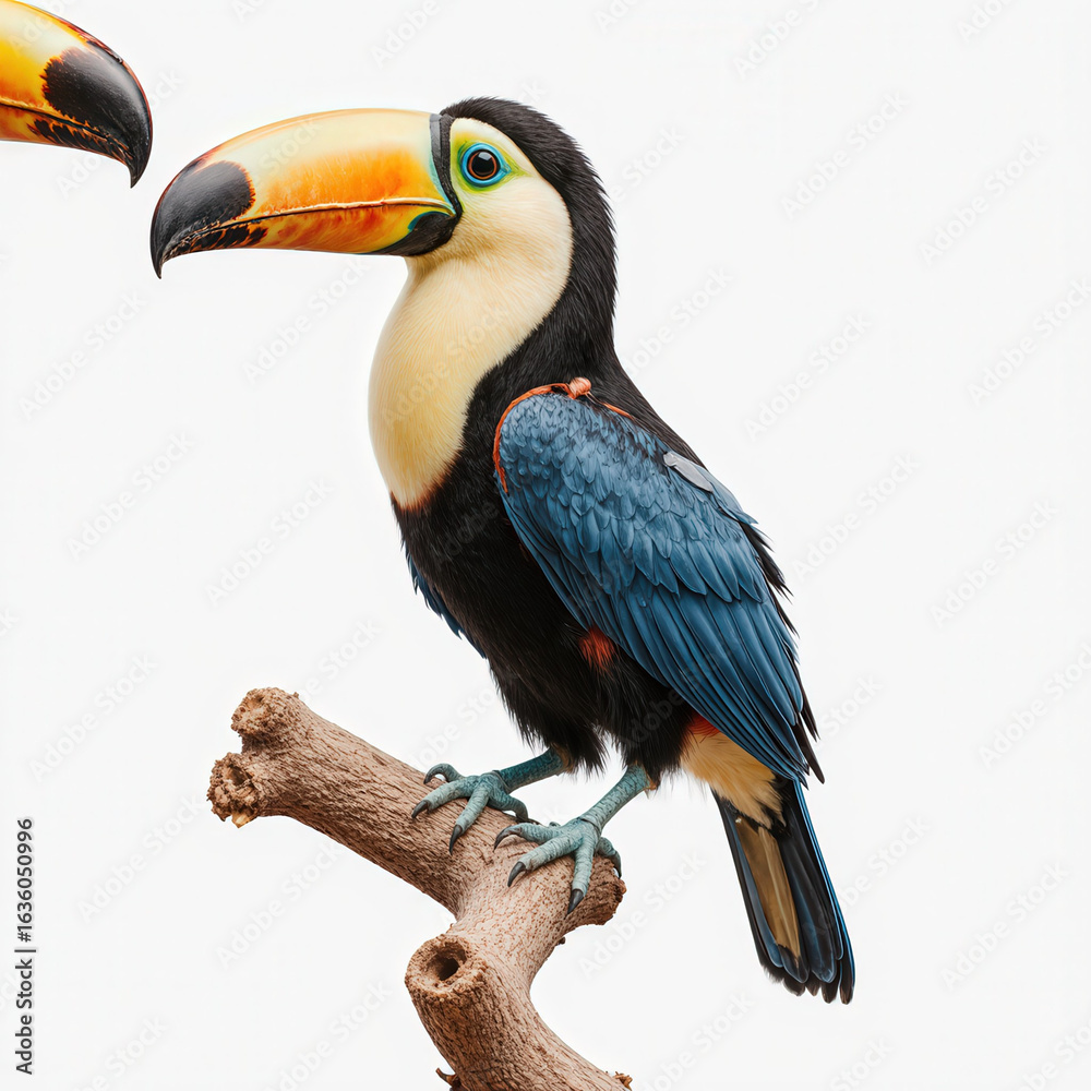 Fototapeta premium Colorful Toucan Perched on Branch: A vibrant toucan, with its large, colorful beak and striking plumage, perches elegantly on a weathered branch.