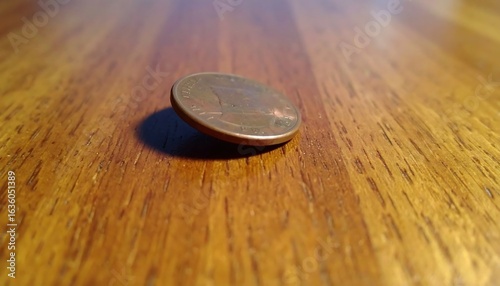 Copper coin on a wooden table