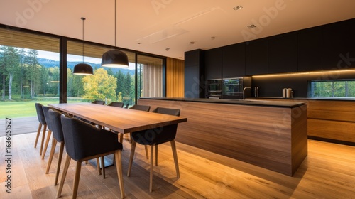 Wallpaper Mural Modern kitchen interior with wooden dining table, sleek appliances, and scenic outdoor view during daytime Torontodigital.ca