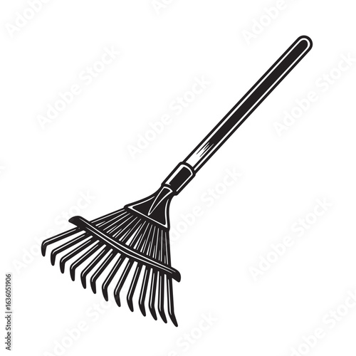 Detailed black and white illustration of a garden rake for yard work and landscaping
