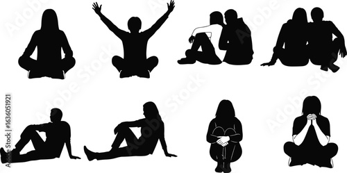 Silhouettes of diverse people sitting in various poses, including individual men and women, and couples embracing, representing emotions, relaxation, and human connection