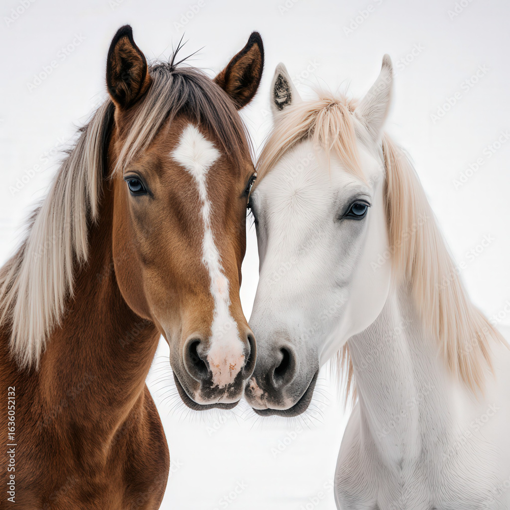 Obraz premium Grace and Majesty: Two horses, one a striking chestnut and the other a pristine white, stand side-by-side, their heads touching, conveying a sense of companionship, beauty, and serenity.