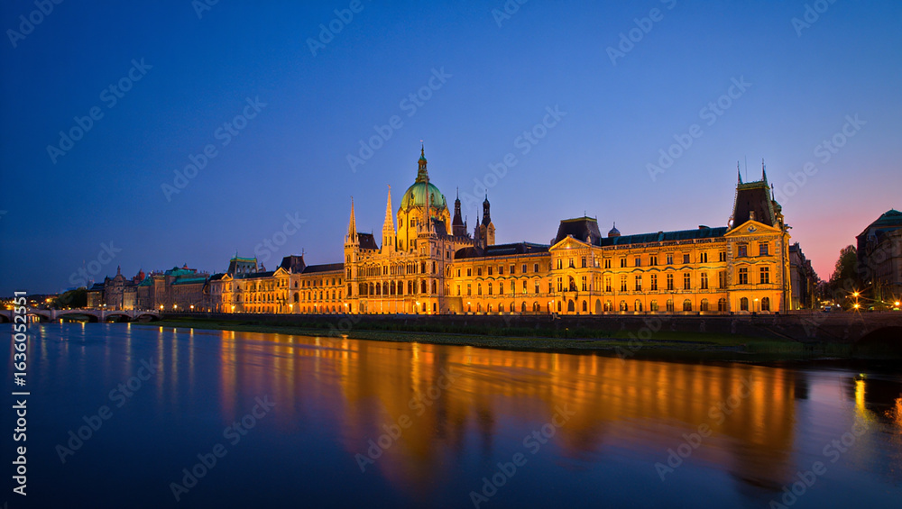 Obraz premium Grand Building on the Riverbank at Dusk