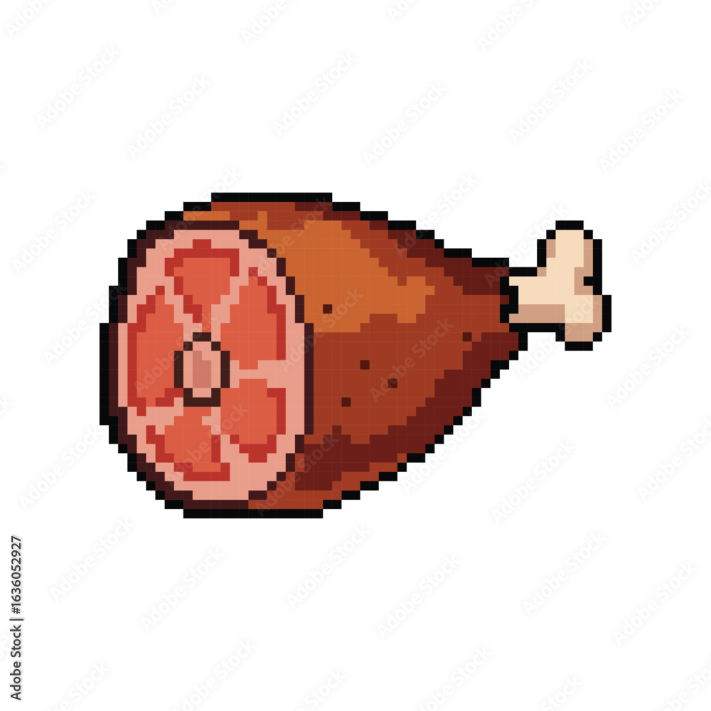 pixel art of a juicy roasted meat leg, chicken drumstick, representing food, health, and adventure in a retro RPG style