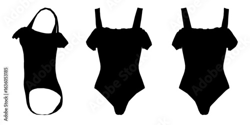 Three black swimsuit silhouettes stand out against a clean white background. Each features a scoop neckline, short sleeves, and a low back. The identical outlines create a sleek and timeless.