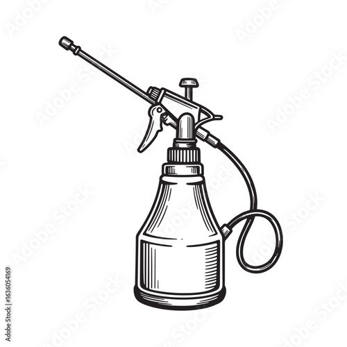 Detailed black and white illustration of an antique spray bottle for various gardening and cleaning applications