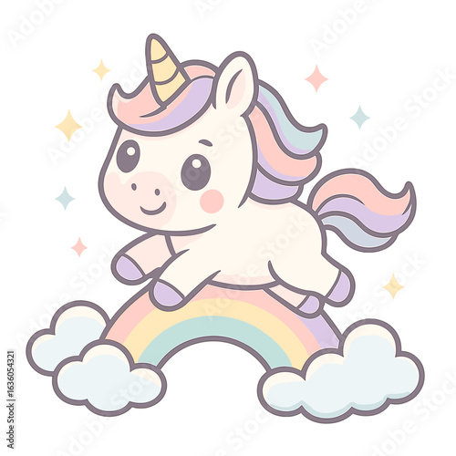 Cute cartoon unicorn jumping over a rainbow with clouds  