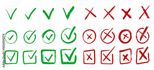 Ideal for presentations or infographics, showcasing approval and disapproval with green check marks and red x marks in different styles.