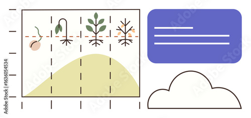 Plants growth stages from seed to maturity over time on graph, cloud and data chart alongside. Ideal for agriculture, sustainability, technology, education, biology, analytics farming. Simple flat
