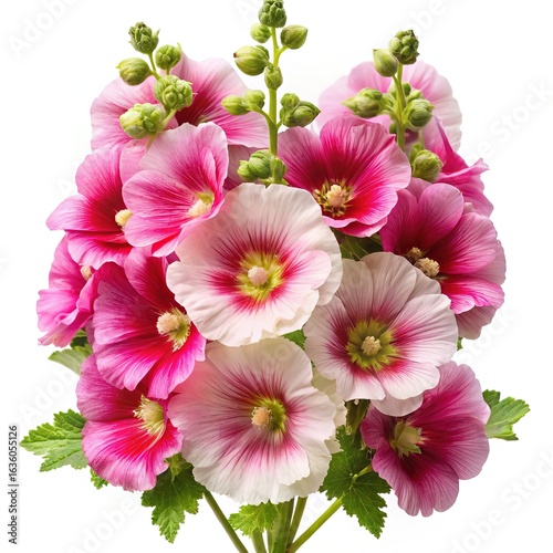 Gorgeous vibrant arrangement of pink and white Hollyhock flowers on white background