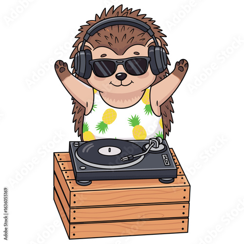 Funky Hedgehog DJ Cartoon Character with Turntable and Headphones Illustration for Creative Projects