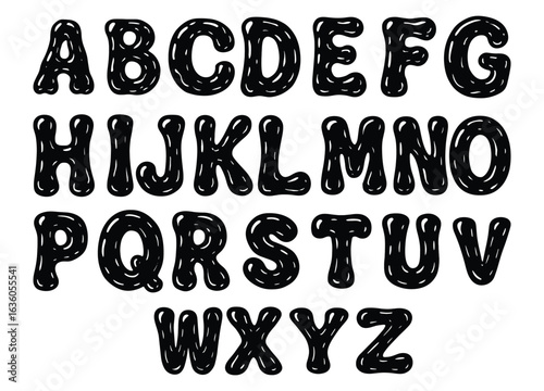 Gooey Drip Alphabet, kids' font. Bold Black Bubble Letters A to Z. Funny balloon typeface in trendy y2k graffiti style. Playful bubble font.