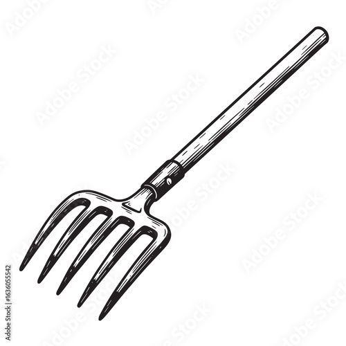 Detailed hand drawn illustration of a pitchfork gardening tool isolated on a white background