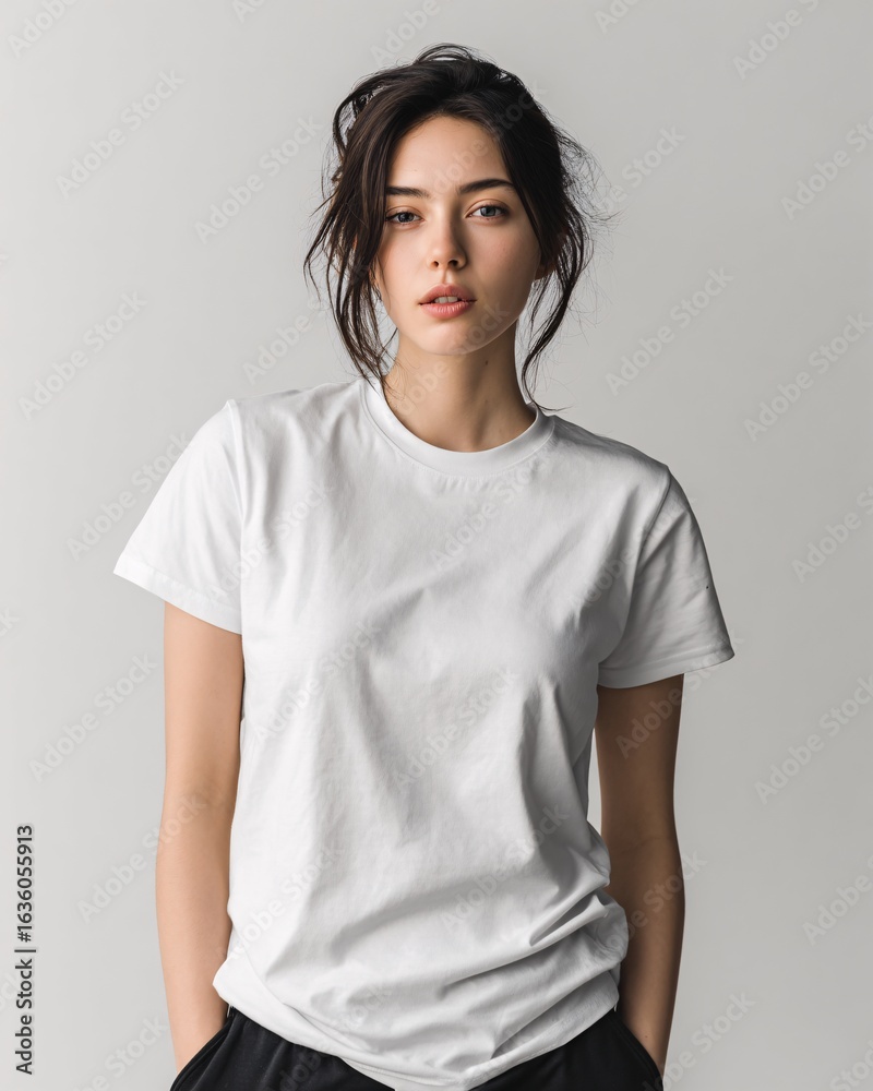 Obraz premium Minimalist mockup of a plain white t-shirt on a standing model with neutral background.