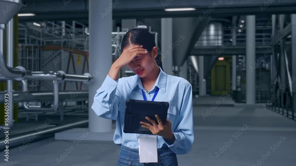 custom made wallpaper toronto digitalAsian Female With Her Tablet in Distillery Interior With Large Fermentation Tanks, She Is Nodding Her Shead With Dissapionted