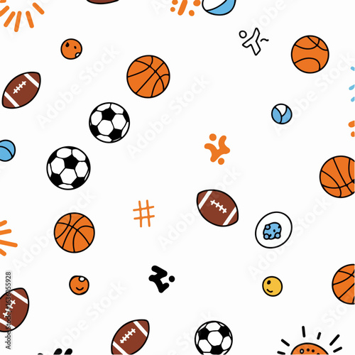 Playful seamless sports theme pattern with various balls and doodles.