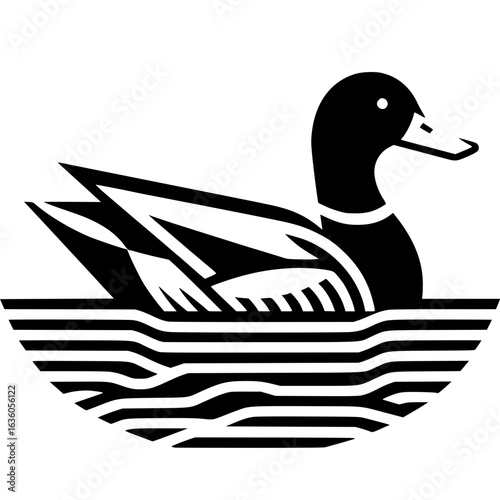 Mallard Duck Icon: A sleek black and white vector icon showcases a mallard duck gracefully gliding across the water, rendered in a minimalist style.