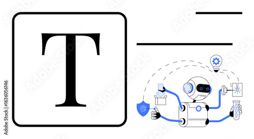 Robot with multiple arms performing diverse tasks thumbs up research, light bulb idea, shield, test tube, and clipboard. Ideal for innovation, technology, multitasking, AI automation productivity