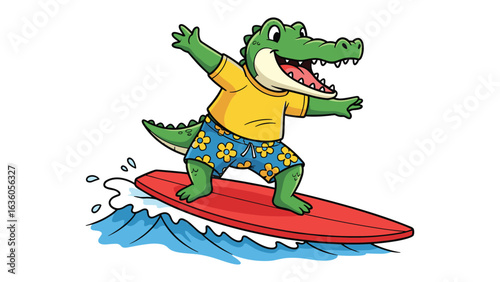 Cartoon Crocodile Surfing on a Red Board in the Ocean Ready for Summer Fun
