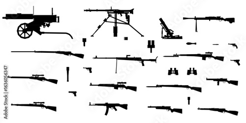 A set of various guns, including a machine gun, displayed in black and white silhouette on a clean white background. The stark contrast highlights the detailed outlines of each weapon.