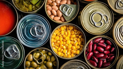 Assorted canned goods in a circular pattern