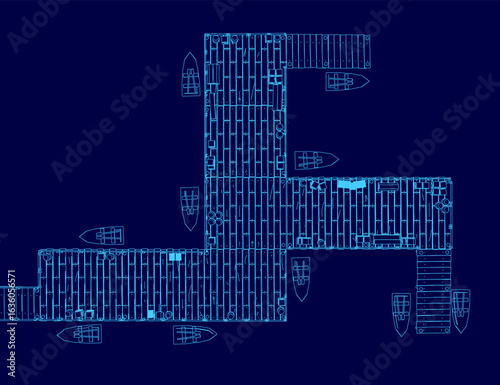 A detailed blueprint of a wooden building with docks, featuring precise contour lines on a blue background. The layout includes structural elements and design annotations.