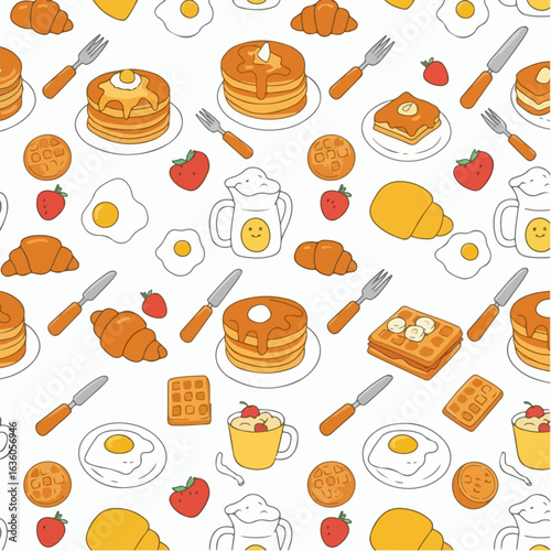Seamless Breakfast Food Pattern with Pancakes, Eggs, and Croissants