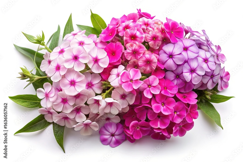 Obraz premium Beautiful phlox flowers in shades of pink and purple on white background