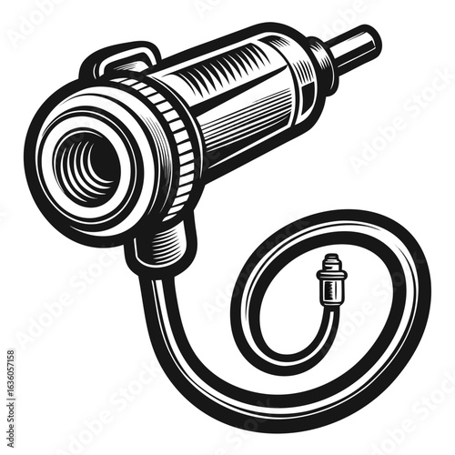 Retro Style Air Compressor with Hose and Fitting Monochrome Illustration Ideal for Automotive or Pneumatic System Design