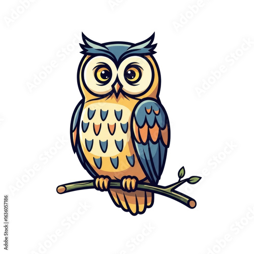 Colorful illustrated owl perched on branch with leafy details