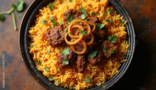 Deliciously spiced meat rice dish with crispy onion rings