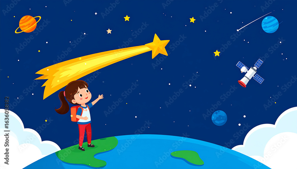 Naklejka premium A young student girl with a backpack stands on Earth, reaching for a large shooting star in a night sky with planets and a satellite.