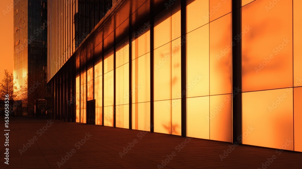 Fototapeta premium Modern glass building reflecting sunset hues, with a serene urban landscape in the background