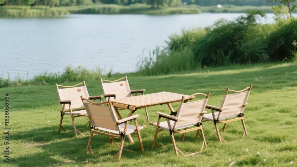 Fototapeta premium On the lawn by the lake, outdoor tables and chairs are neatly arranged, backed by mountains, waters and green plants, creating a cozy camping and leisure atmosphere.