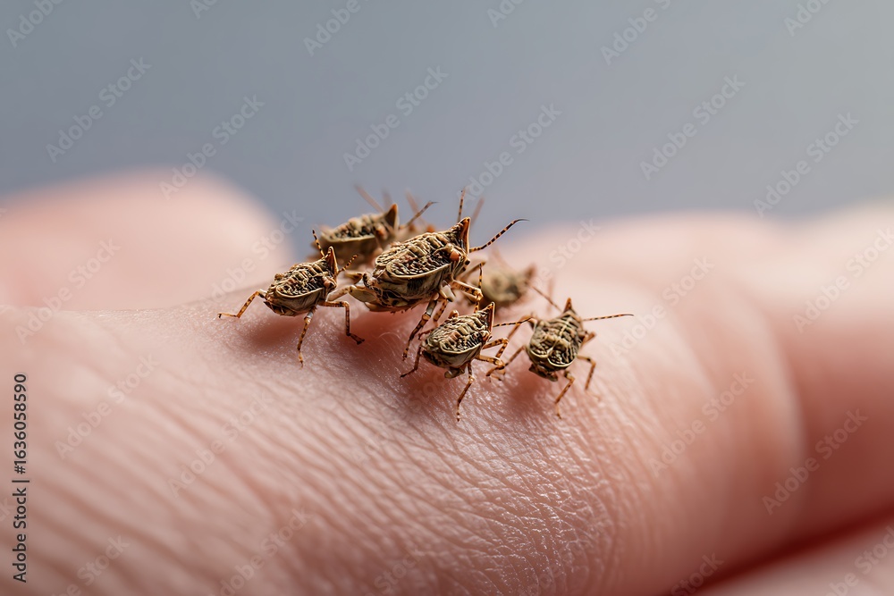 Naklejka premium A close-up of several brown insects clustered on a human finger, showcasing intricate details and textures.
