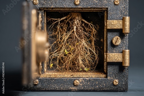 Roots of life are kept safe in a vintage safe, symbolizing growth and security.