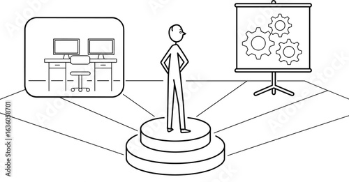 Flat vector illustration of person making strategic decision between workstation and gear-based process, representing business planning, development, and productivity