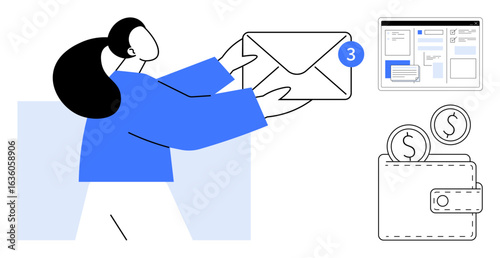 Woman holding large envelope with notification badge, a wallet with coins, and digital interface. Ideal for communication, finance, organization, technology, marketing business productivity. Simple