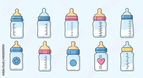 Set of cartoon baby bottles vector icons