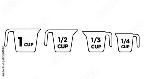 Measuring Cups Outline Illustration – 1 Cup, 1/2 Cup, 1/3 Cup, 1/4 Cup